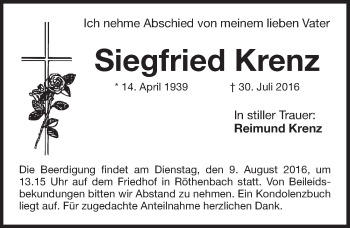 Traueranzeige von Siegfried Krenz von Pegnitz-Zeitung