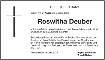 Traueranzeige von Roswitha Deuber von Pegnitz-Zeitung