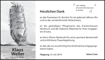 Traueranzeige von Klaus Weller von Hersbrucker Zeitung