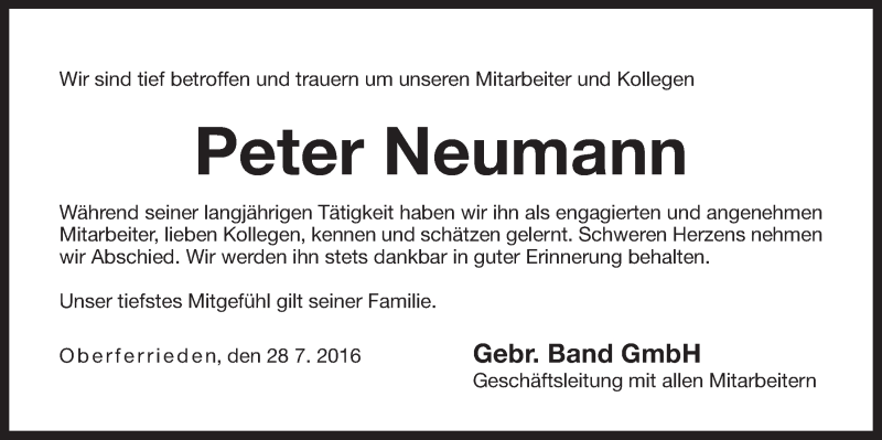  Traueranzeige für Peter Neumann vom 04.08.2016 aus Der Bote