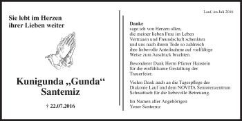 Traueranzeige von Kunigunda Santemiz von Pegnitz-Zeitung