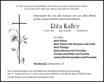 Traueranzeige von Rita Kaller von Hersbrucker Zeitung