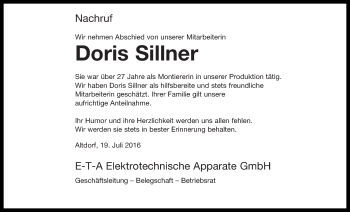 Traueranzeige von Doris Sillner von Der Bote
