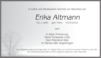Traueranzeige von Erika Altmann von Pegnitz-Zeitung