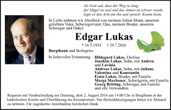 Traueranzeige von Edgar Lukas von Der Bote