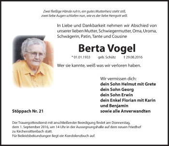 Traueranzeige von Berta Vogel von Hersbrucker Zeitung