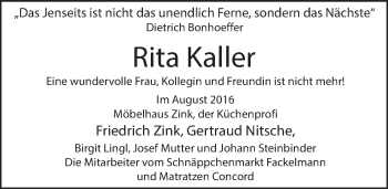 Traueranzeige von Rita Kaller von Hersbrucker Zeitung