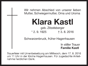 Traueranzeige von Klara Kastl von Der Bote