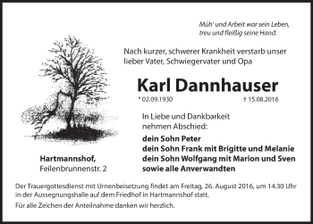Traueranzeige von Karl Dannhauser von Hersbrucker Zeitung