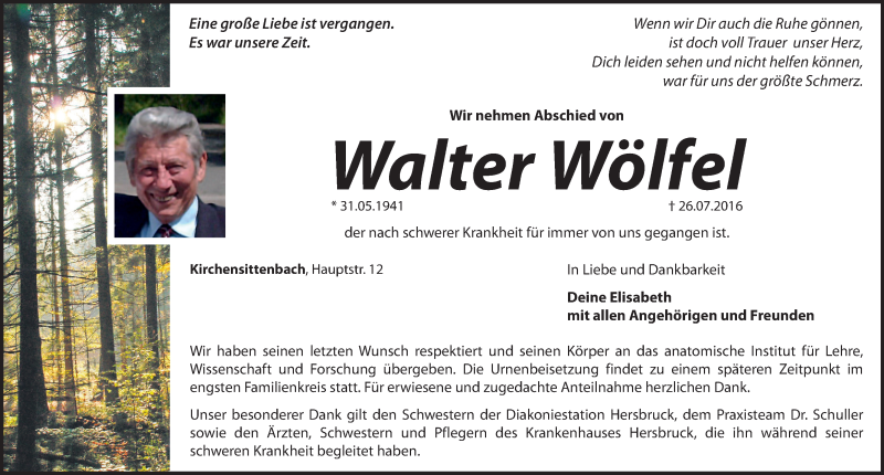  Traueranzeige für Walter Wölfel vom 30.07.2016 aus Hersbrucker Zeitung