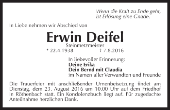 Traueranzeige von Erwin Deifel von Pegnitz-Zeitung