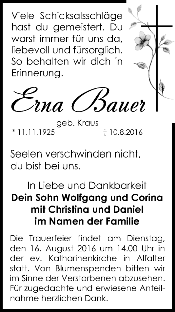 Traueranzeige von Erna Bauer von Hersbrucker Zeitung