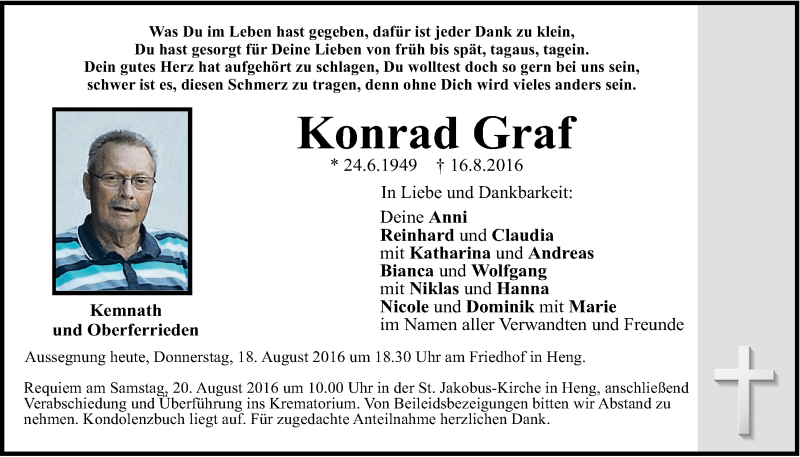  Traueranzeige für Konrad Graf vom 18.08.2016 aus Der Bote