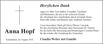 Traueranzeige von Anna Hopf von Pegnitz-Zeitung