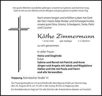 Traueranzeige von Käthe Zimmermann von Hersbrucker Zeitung