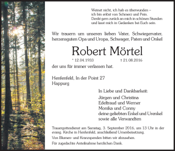 Traueranzeige von Robert Mörtel von Hersbrucker Zeitung