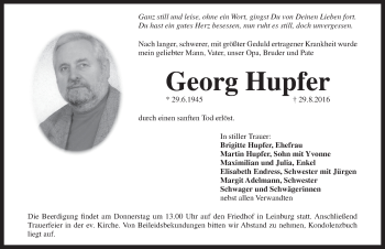 Traueranzeige von Georg Hupfer von Pegnitz-Zeitung