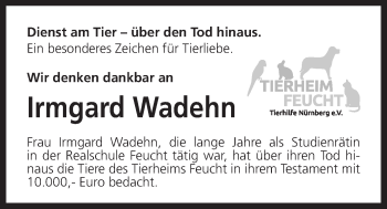 Traueranzeige von Irmgard Wadehn von Der Bote