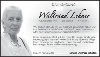 Traueranzeige von Waltraud Lehner von Pegnitz-Zeitung