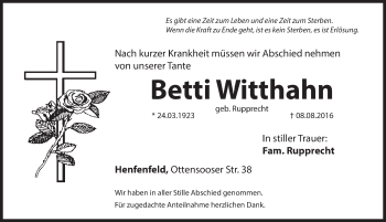 Traueranzeige von Betti Witthahn von Hersbrucker Zeitung