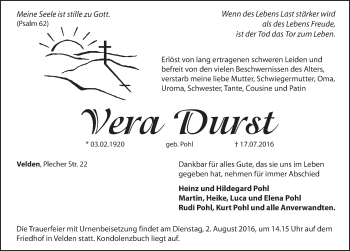 Traueranzeige von Vera Durst von Hersbrucker Zeitung