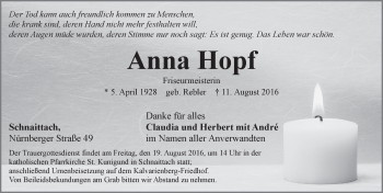 Traueranzeige von Anna Hopf von Pegnitz-Zeitung