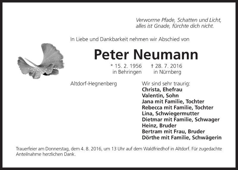  Traueranzeige für Peter Neumann vom 03.08.2016 aus Der Bote