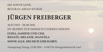 Traueranzeige von Jürgen Freiberger von Pegnitz-Zeitung