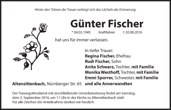 Traueranzeige von Günter Fischer von Hersbrucker Zeitung