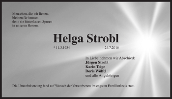 Traueranzeige von Helga Strobl von Pegnitz-Zeitung