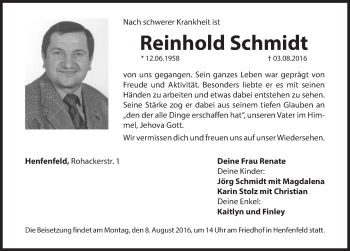 Traueranzeige von Reinhold Schmidt von Hersbrucker Zeitung
