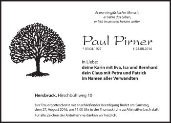Traueranzeige von Paul Pirner von Hersbrucker Zeitung