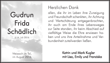 Traueranzeige von Gudrun Frida Schädlich von Pegnitz-Zeitung