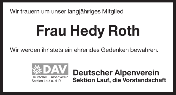 Traueranzeige von Hedy Roth von Pegnitz-Zeitung