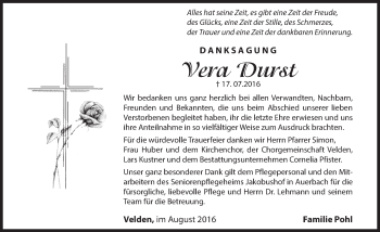 Traueranzeige von Vera Durst von Hersbrucker Zeitung