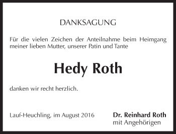 Traueranzeige von Hedy Roth von Pegnitz-Zeitung