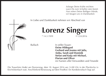 Traueranzeige von Lorenz Singer von Pegnitz-Zeitung