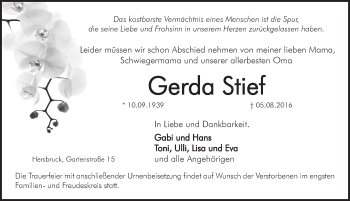 Traueranzeige von Gerda Stief von Hersbrucker Zeitung