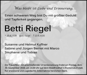 Traueranzeige von Betti Riegel von Pegnitz-Zeitung