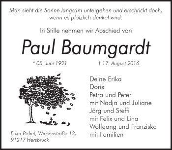 Traueranzeige von Paul Baumgardt von Hersbrucker Zeitung