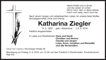 Traueranzeige von Katharina Ziegler von Der Bote