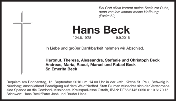 Traueranzeige von Hans Beck von Pegnitz-Zeitung
