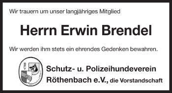 Traueranzeige von Erwin Brendel von Pegnitz-Zeitung
