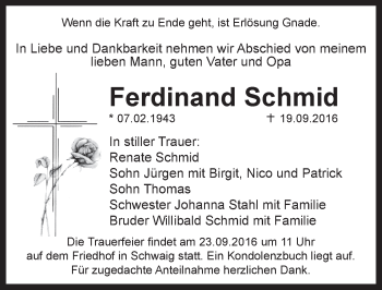 Traueranzeige von Ferdinand Schmid von Pegnitz-Zeitung
