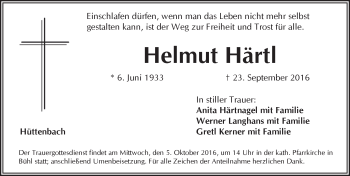 Traueranzeige von Helmut Härtl von Pegnitz-Zeitung