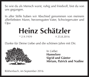 Traueranzeige von Heinz Schätzler von Pegnitz-Zeitung