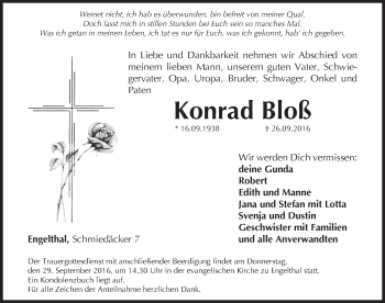 Traueranzeige von Konrad Bloß von Hersbrucker Zeitung