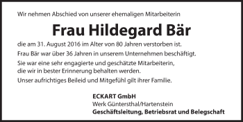 Traueranzeige von Hildegard Bär von Hersbrucker Zeitung