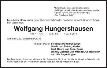 Traueranzeige von Wolfgang Hungershausen von Der Bote