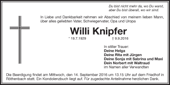 Traueranzeige von Willi Knipfer von Pegnitz-Zeitung